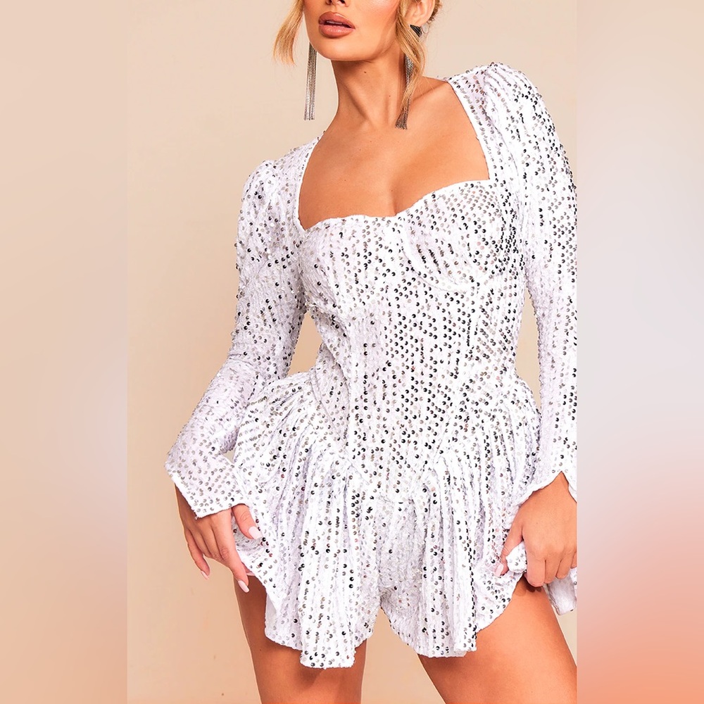 Brand new: White Sequin Cup Detail Long Sleeve Skater Romper
